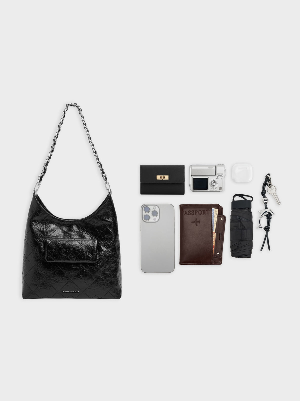 Duo Quilted Front-Pocket Chain Hobo Bag - Noir | CHARLES & KEITH