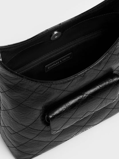Duo Quilted Front-Pocket Chain Hobo Bag - Noir | CHARLES & KEITH