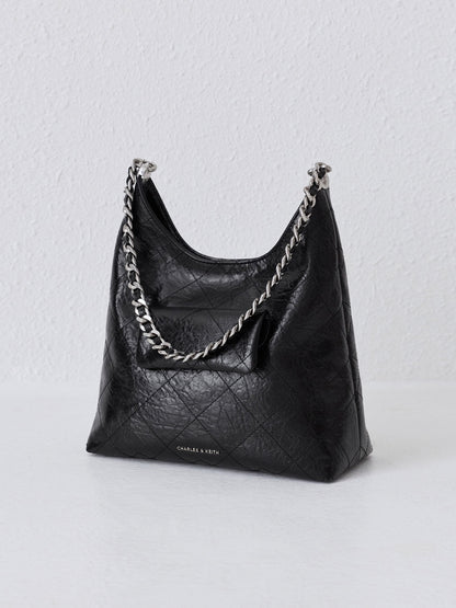 Duo Quilted Front-Pocket Chain Hobo Bag - Noir | CHARLES & KEITH
