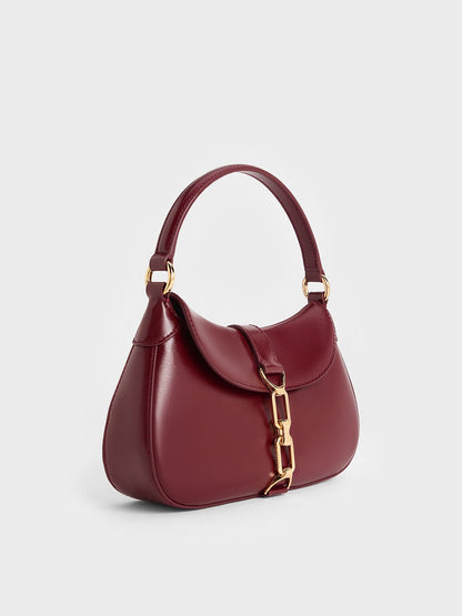 Agatha Chain-Accent Hobo Bag - Burgundy | CHARLES & KEITH