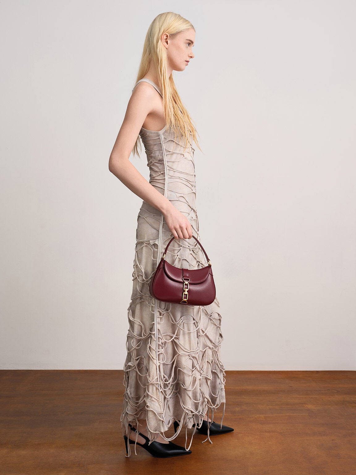 Agatha Chain-Accent Hobo Bag - Burgundy | CHARLES & KEITH