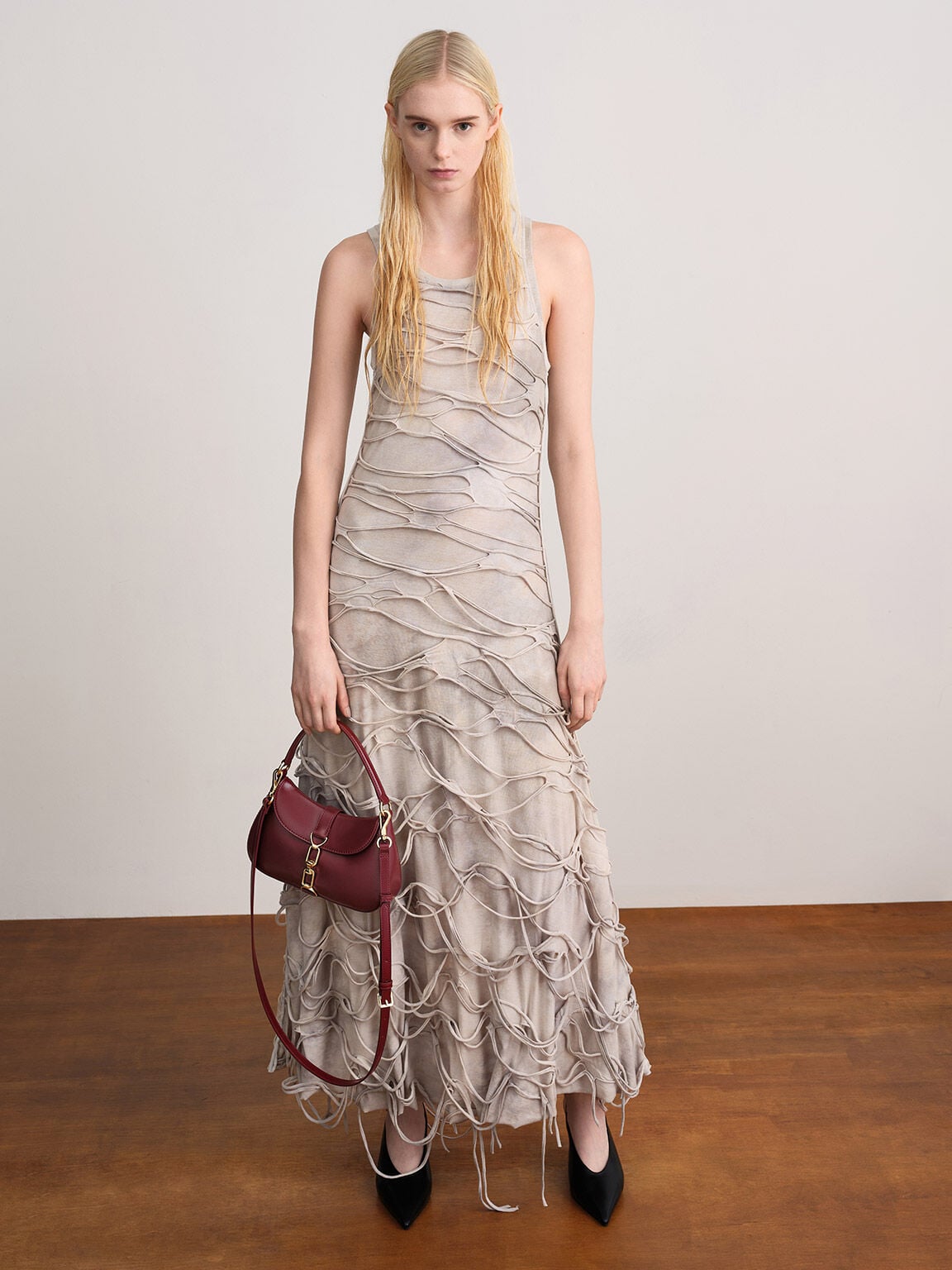 Agatha Chain-Accent Hobo Bag - Burgundy | CHARLES & KEITH