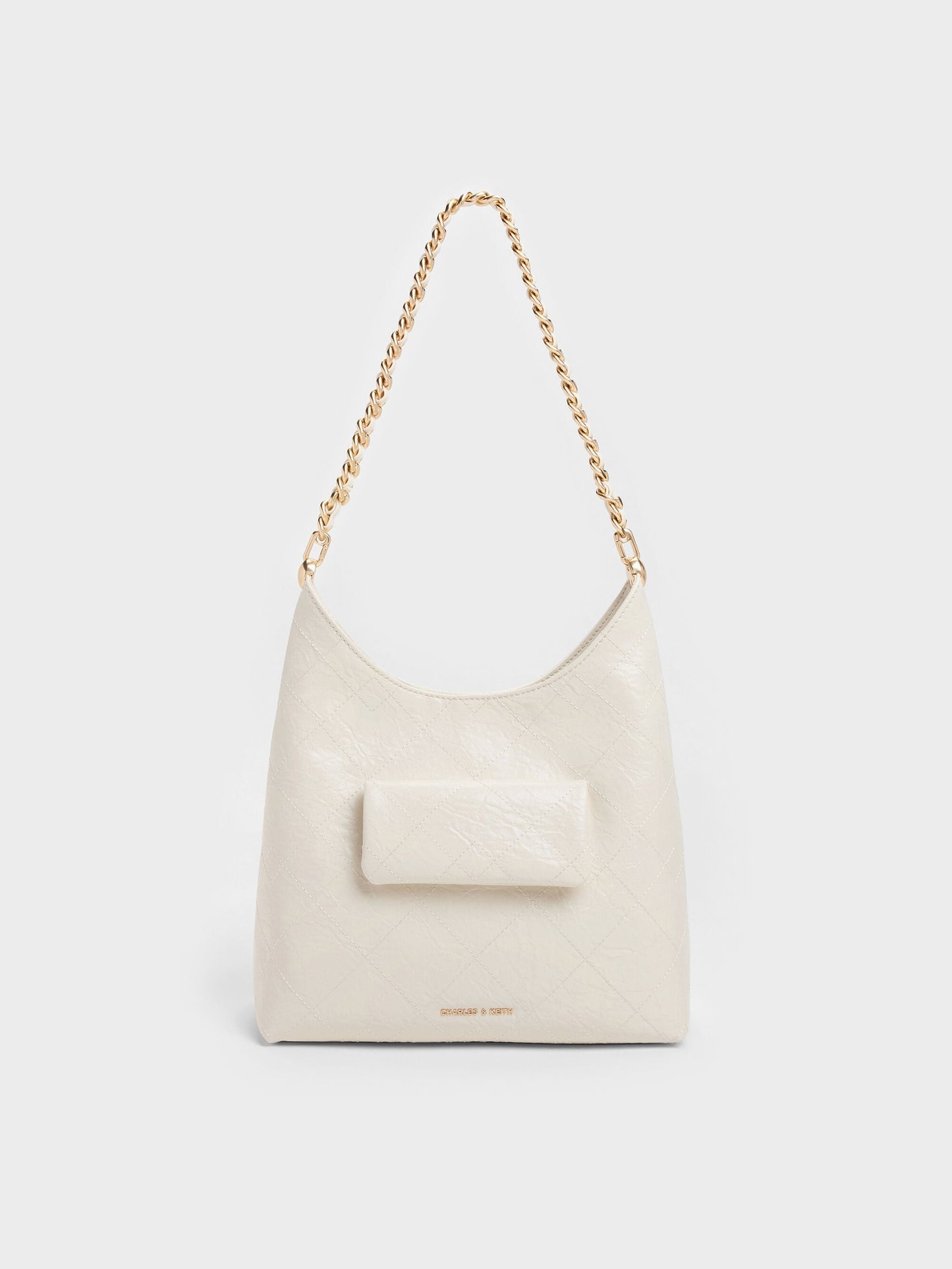 Duo Quilted Front-Pocket Chain Hobo Bag - Cream | CHARLES & KEITH
