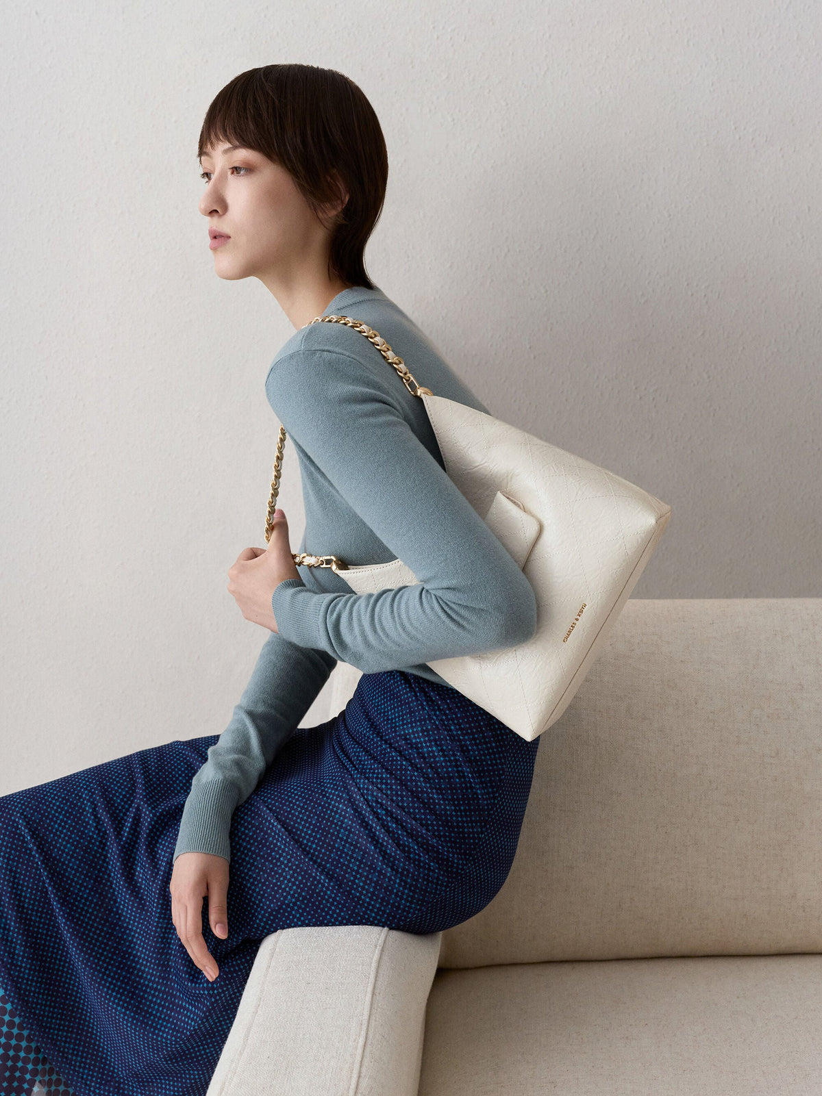 Duo Quilted Front-Pocket Chain Hobo Bag - Cream | CHARLES & KEITH