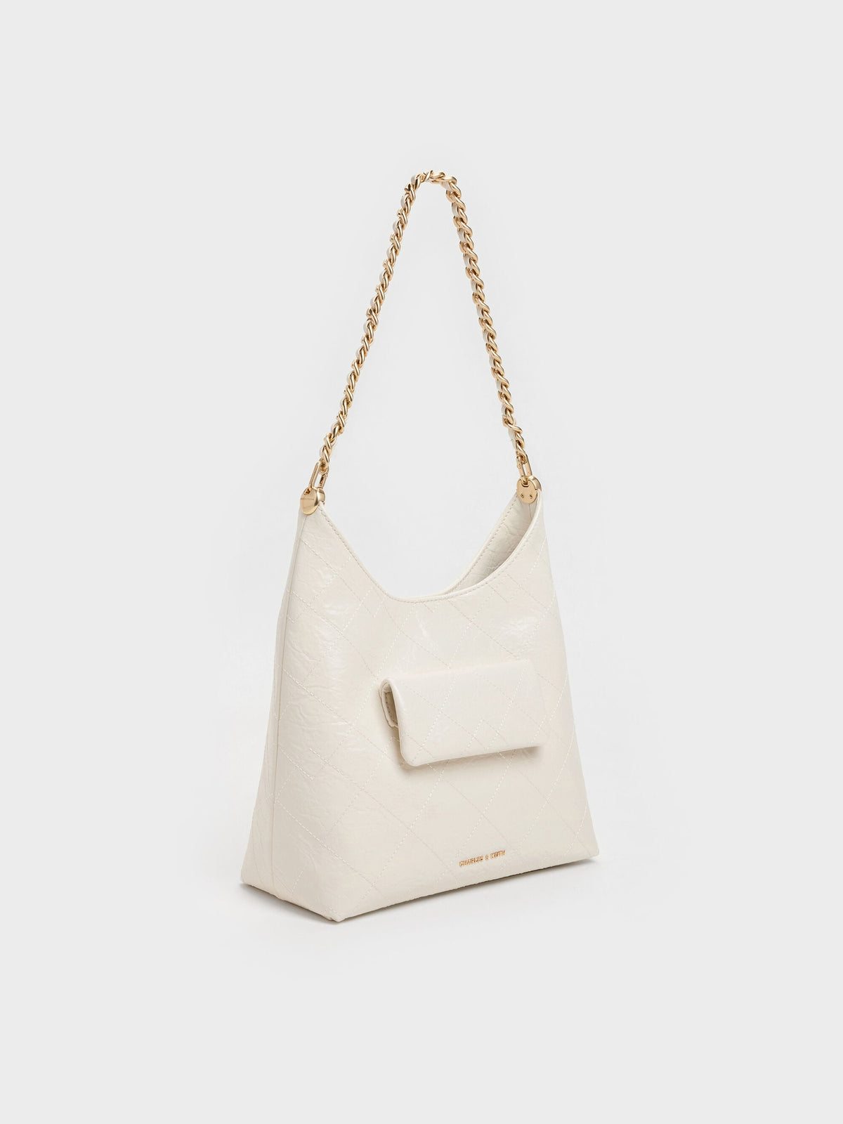 Duo Quilted Front-Pocket Chain Hobo Bag - Cream | CHARLES & KEITH