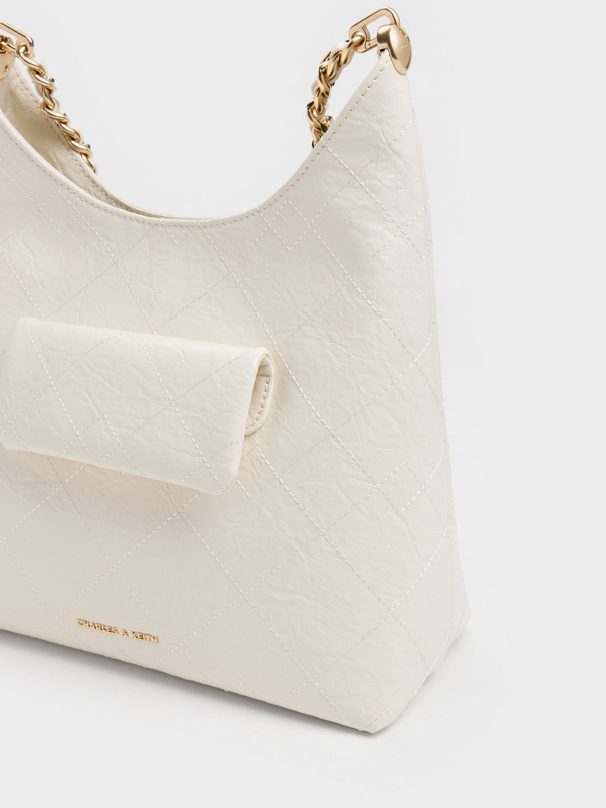 Duo Quilted Front-Pocket Chain Hobo Bag - Cream | CHARLES & KEITH