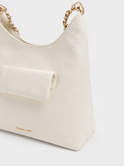 Duo Quilted Front-Pocket Chain Hobo Bag - Cream | CHARLES & KEITH