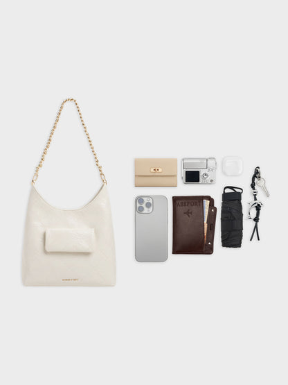 Duo Quilted Front-Pocket Chain Hobo Bag - Cream | CHARLES & KEITH