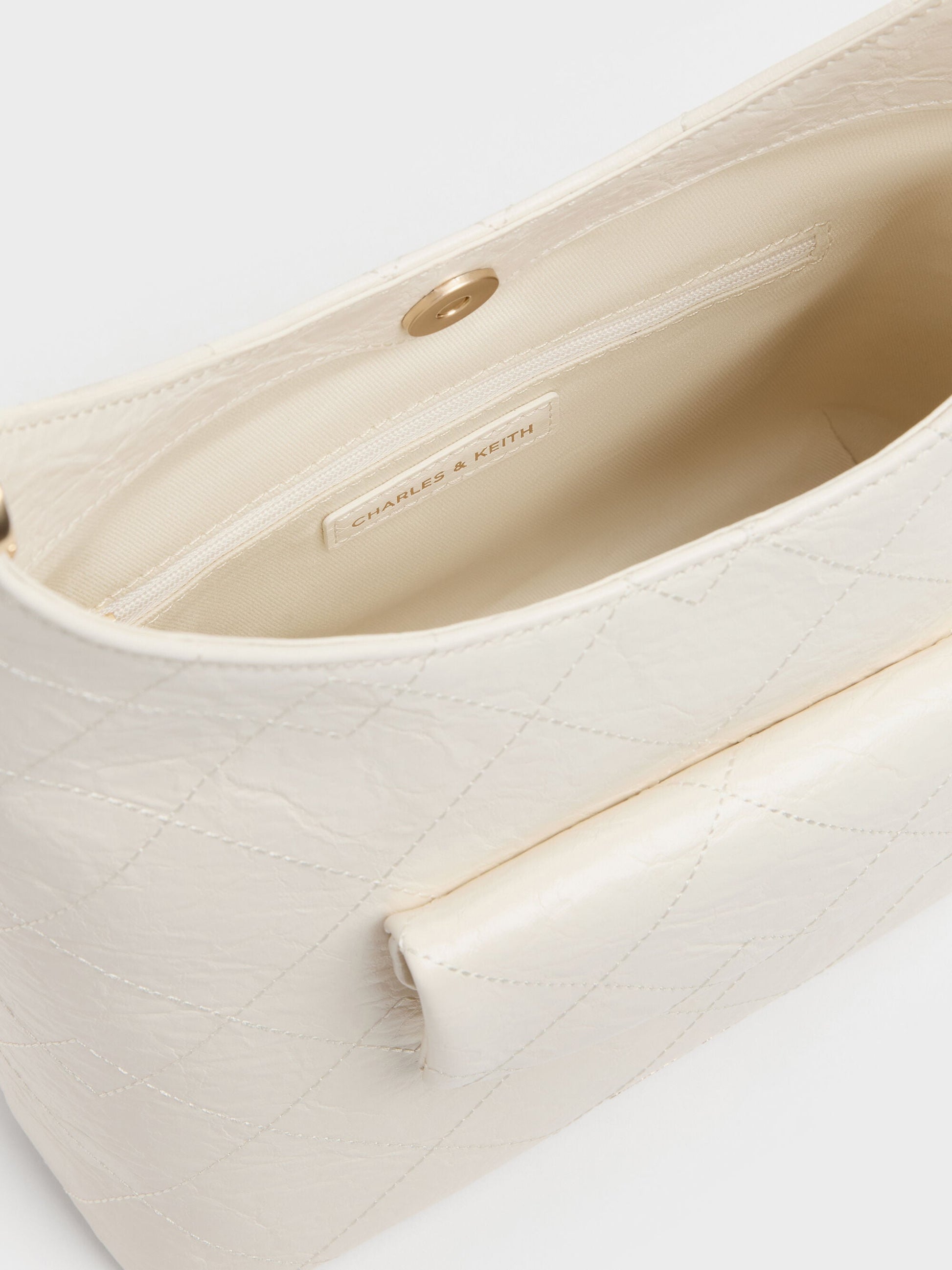 Duo Quilted Front-Pocket Chain Hobo Bag - Cream | CHARLES & KEITH