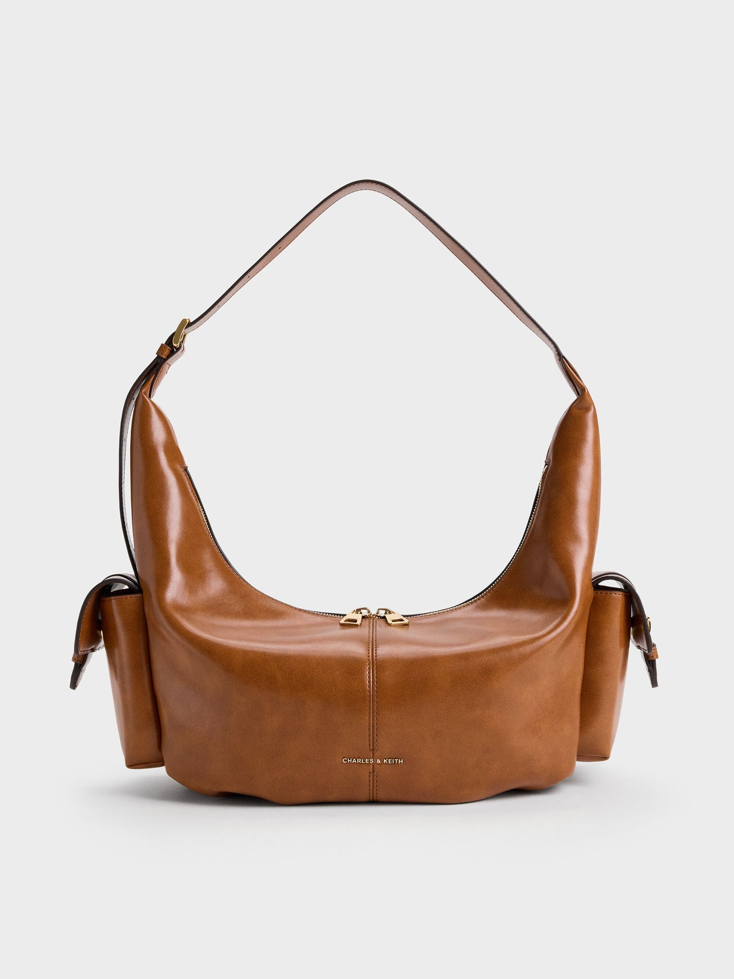 Large Bessie Side-Pocket Hobo Bag - Distressed Tan | CHARLES & KEITH