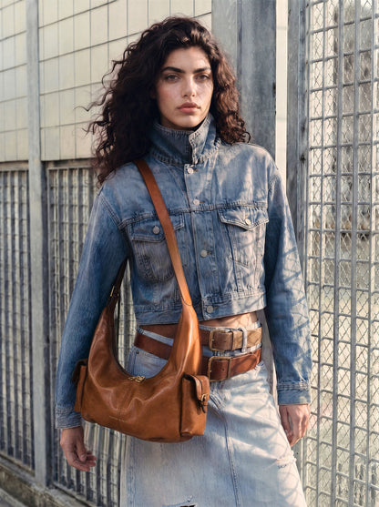 Large Bessie Side-Pocket Hobo Bag - Distressed Tan | CHARLES & KEITH