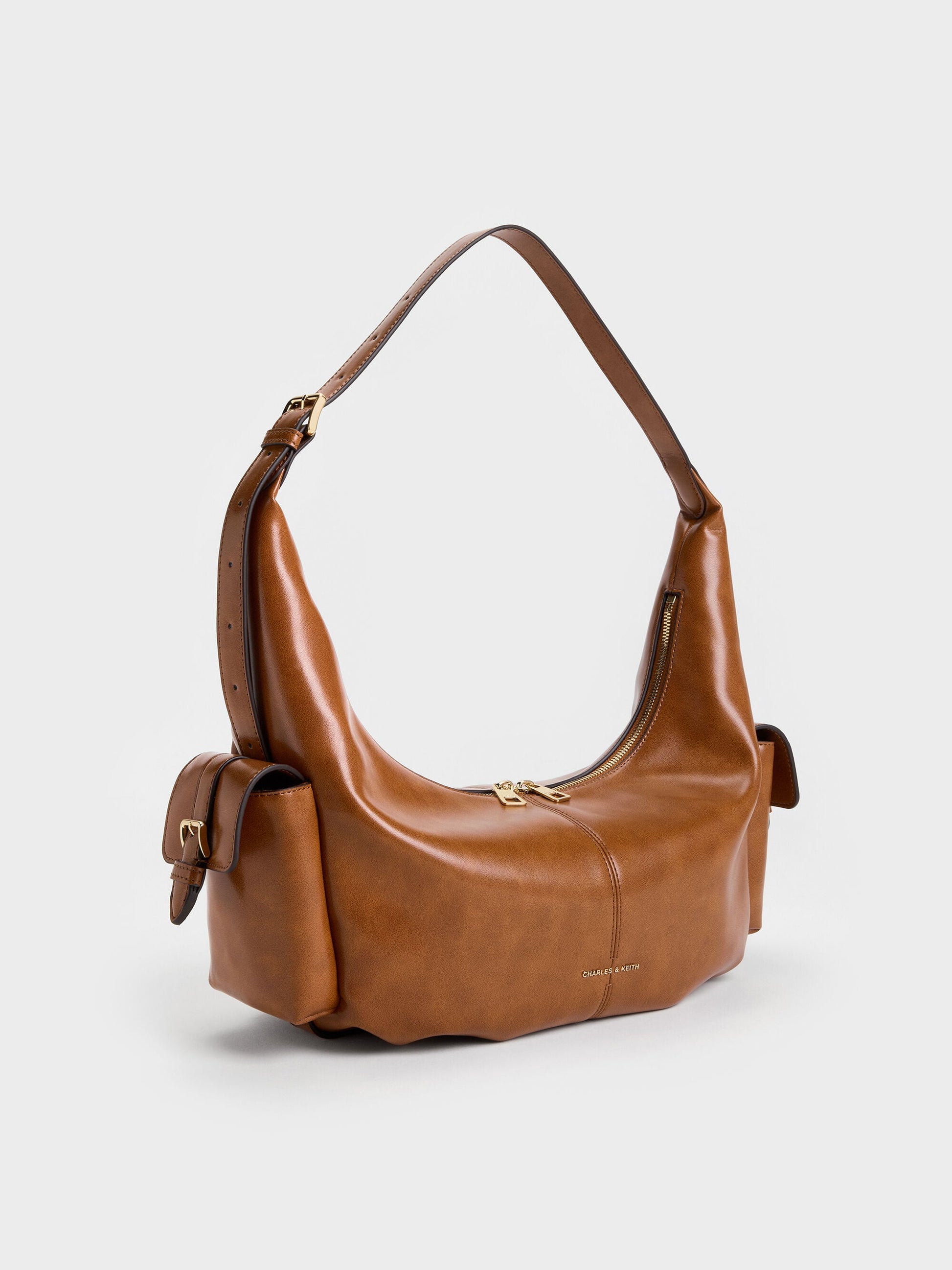 Large Bessie Side-Pocket Hobo Bag - Distressed Tan | CHARLES & KEITH