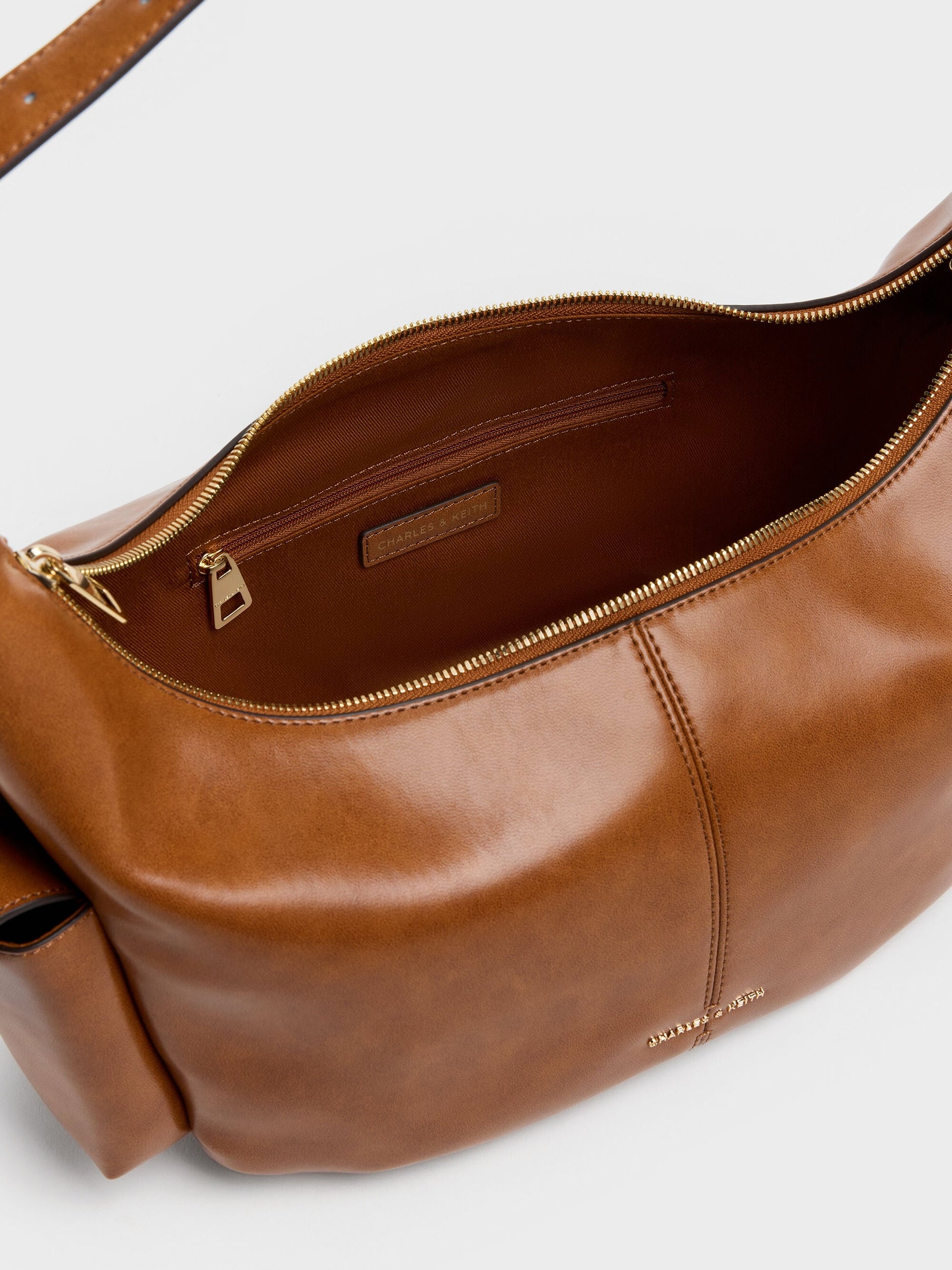 Large Bessie Side-Pocket Hobo Bag - Distressed Tan | CHARLES & KEITH