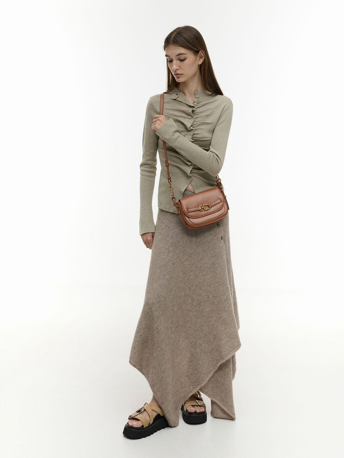 Gwynne Metallic-Accent Crossbody Bag - Chocolate | CHARLES & KEITH
