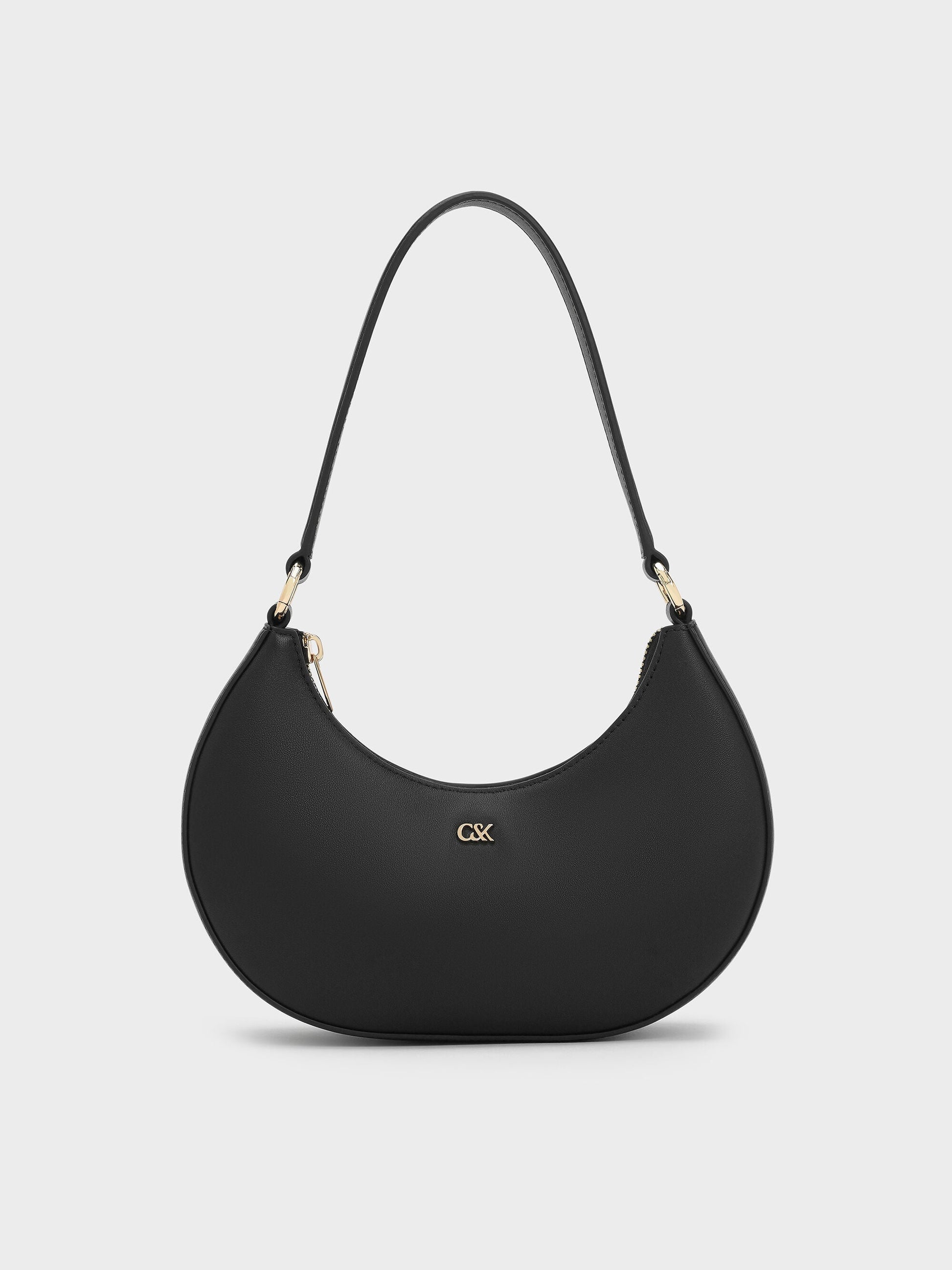 Leather Crescent Hobo Bag - Black | CHARLES & KEITH