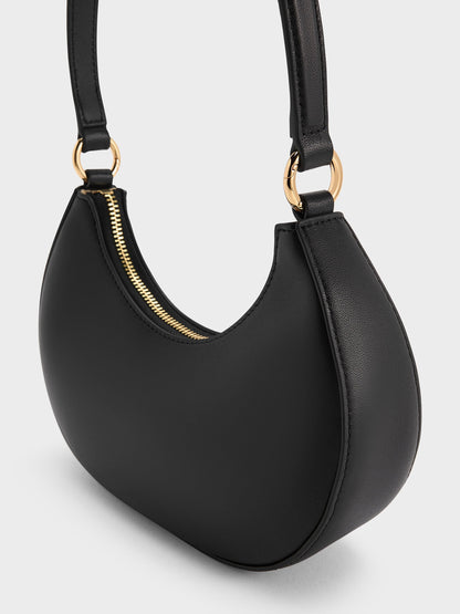 Leather Crescent Hobo Bag - Black | CHARLES & KEITH