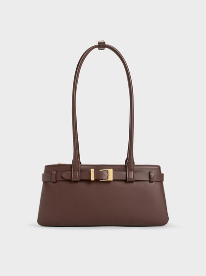Jody Leather Belted Shoulder Bag - Dark Brown | CHARLES & KEITH