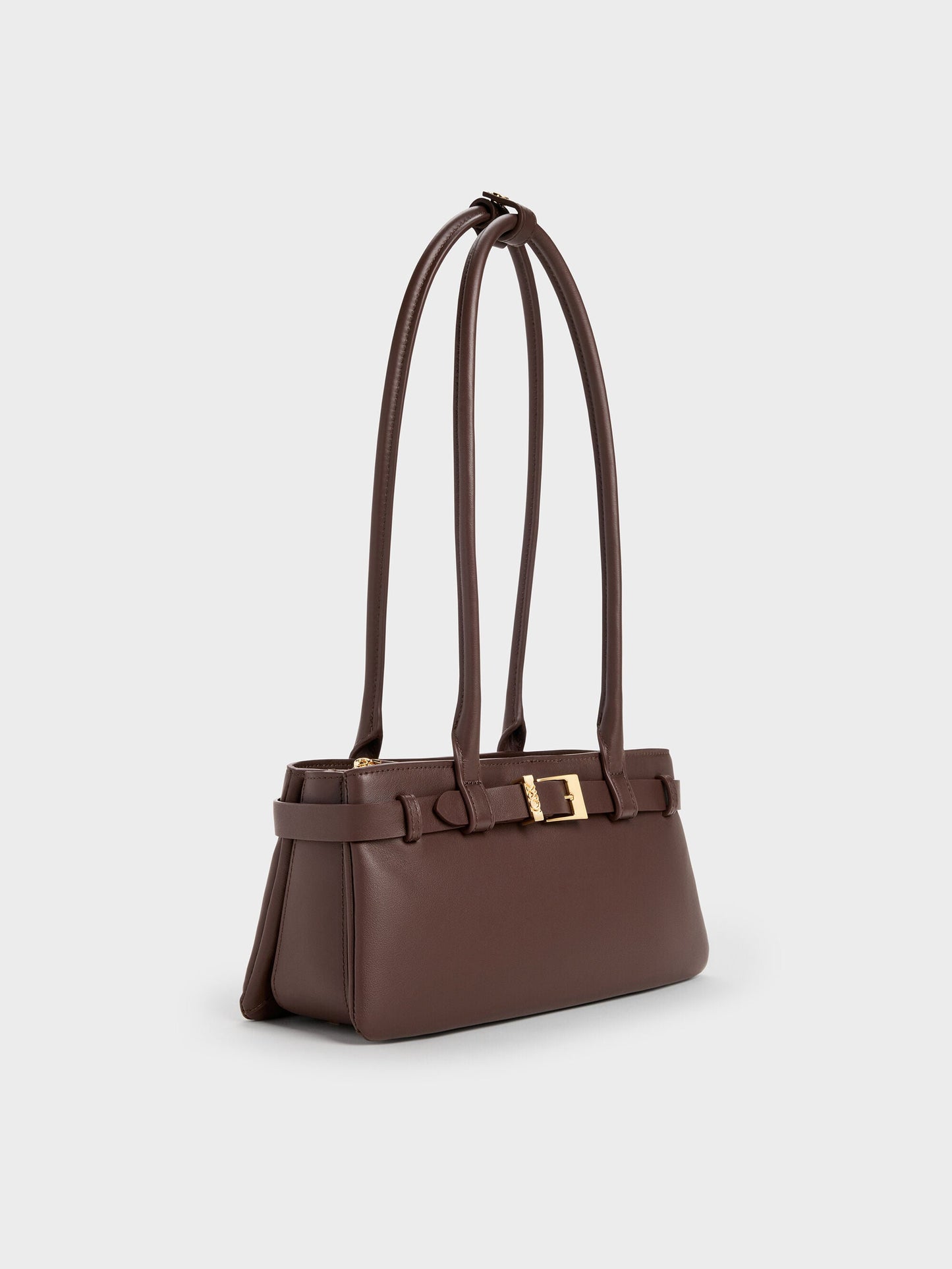 Jody Leather Belted Shoulder Bag - Dark Brown | CHARLES & KEITH