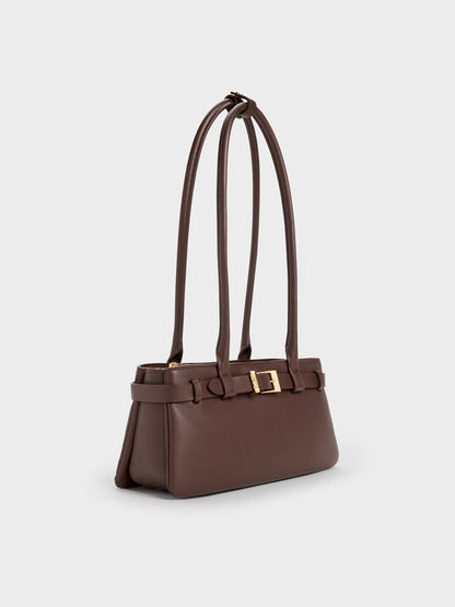 Jody Leather Belted Shoulder Bag - Dark Brown | CHARLES & KEITH