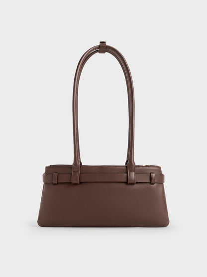 Jody Leather Belted Shoulder Bag - Dark Brown | CHARLES & KEITH