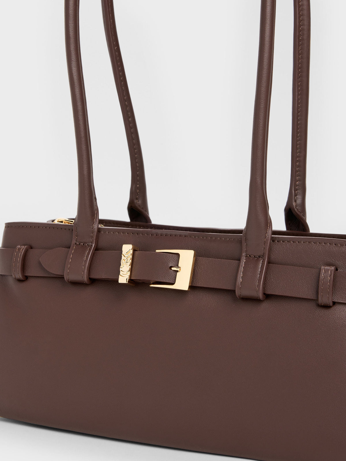 Jody Leather Belted Shoulder Bag - Dark Brown | CHARLES & KEITH
