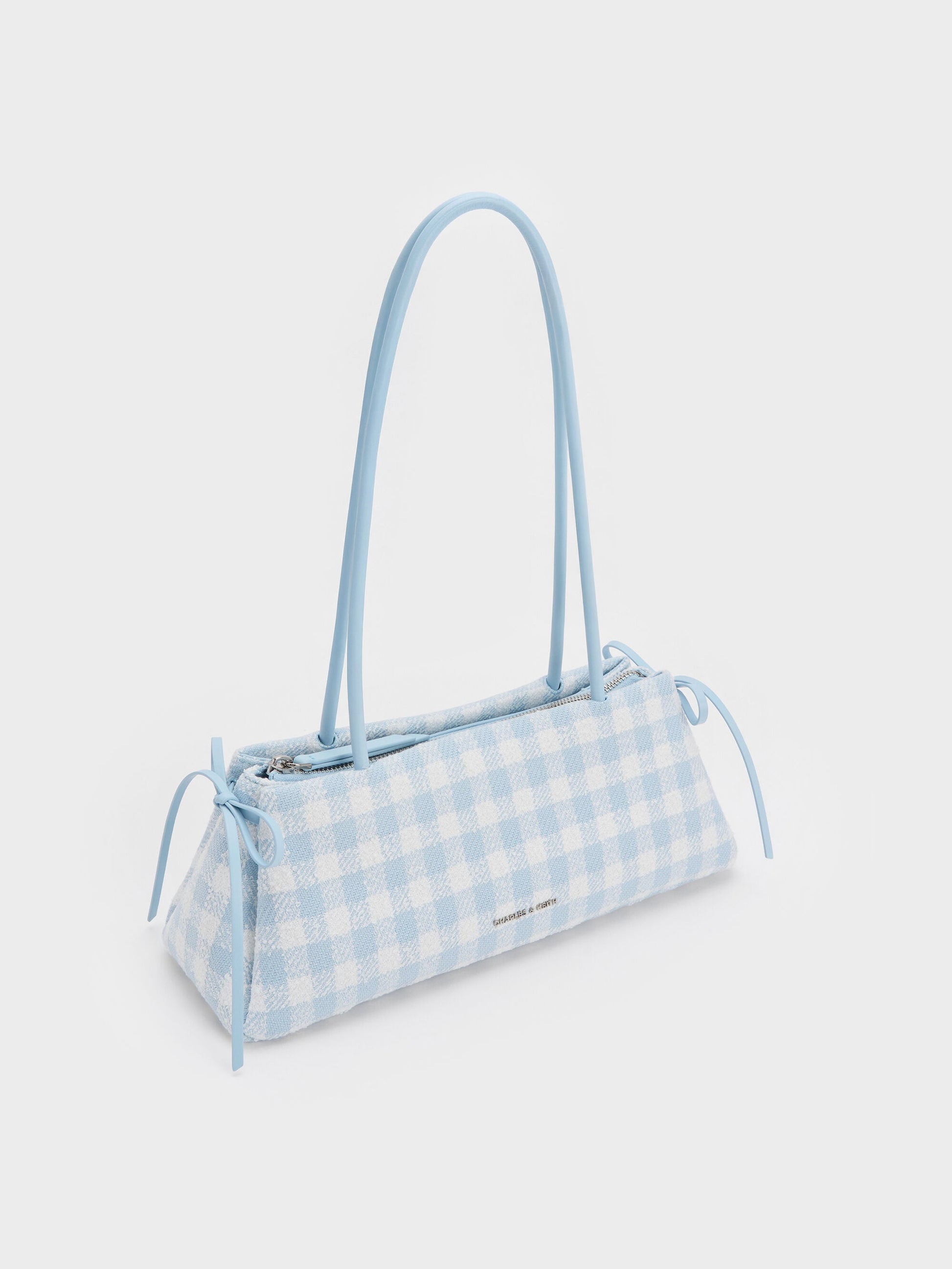 Hazel Gingham Bow Shoulder Bag - Gingham Blue | CHARLES & KEITH