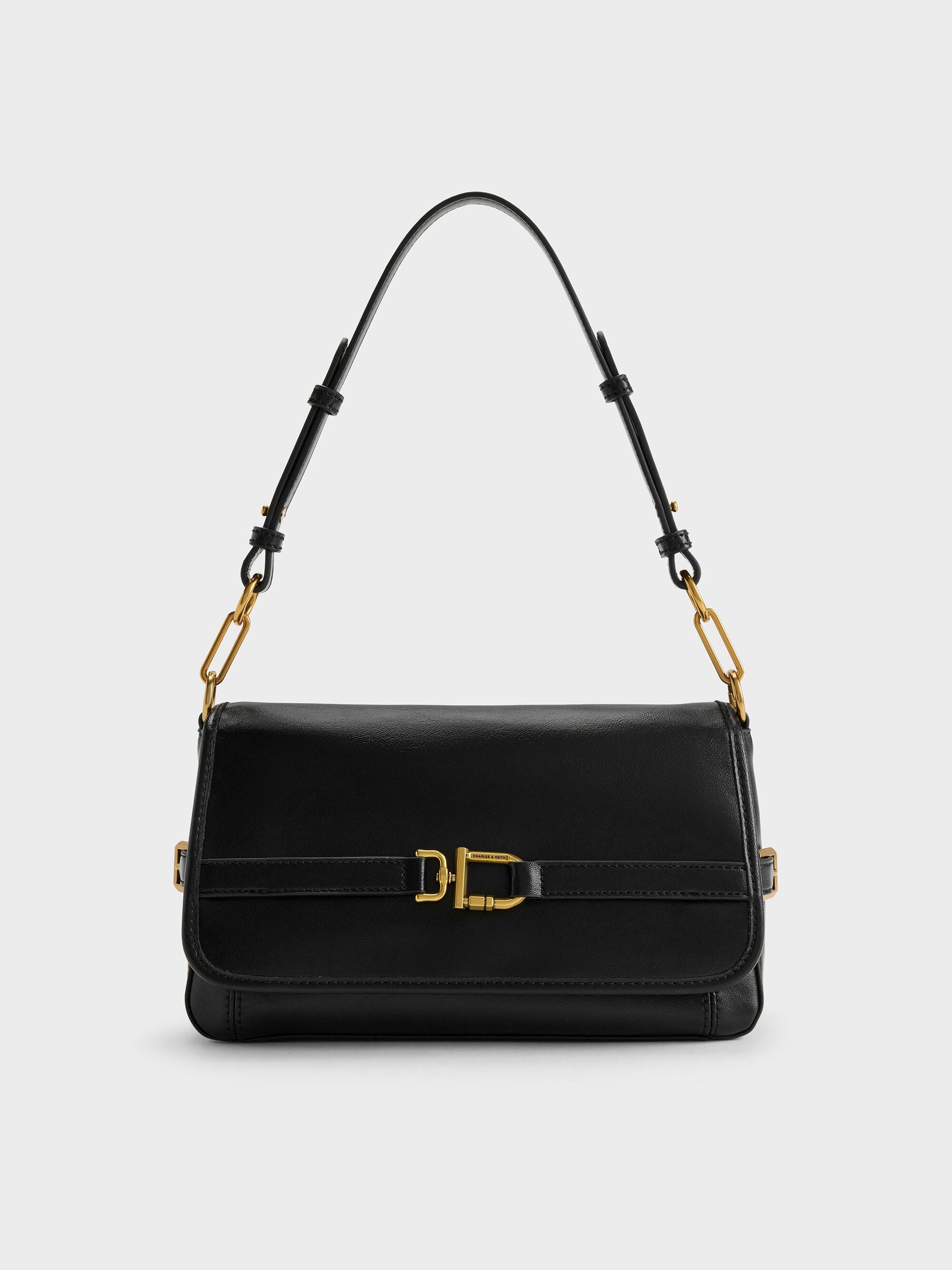 Gwynne Metallic-Buckle Belted Shoulder Bag - Black | CHARLES & KEITH