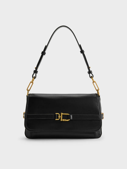 Gwynne Metallic-Buckle Belted Shoulder Bag - Black | CHARLES & KEITH