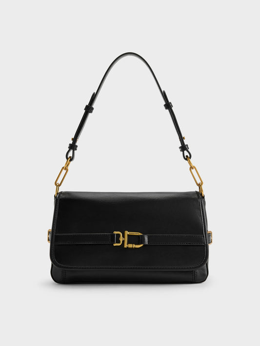Gwynne Metallic-Buckle Belted Shoulder Bag - Black | CHARLES & KEITH