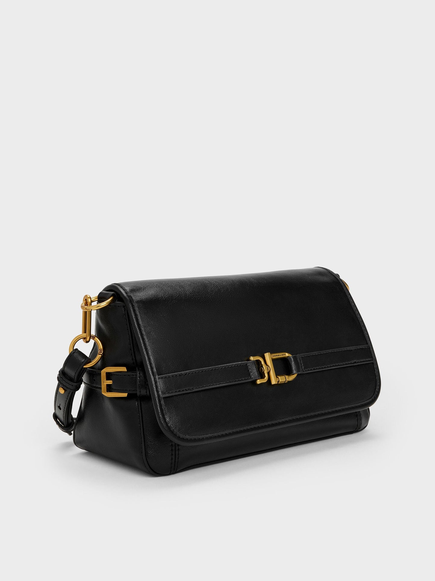 Gwynne Metallic-Buckle Belted Shoulder Bag - Black | CHARLES & KEITH