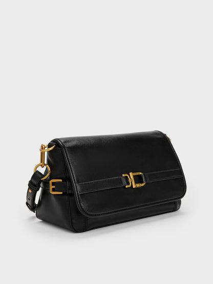 Gwynne Metallic-Buckle Belted Shoulder Bag - Black | CHARLES & KEITH