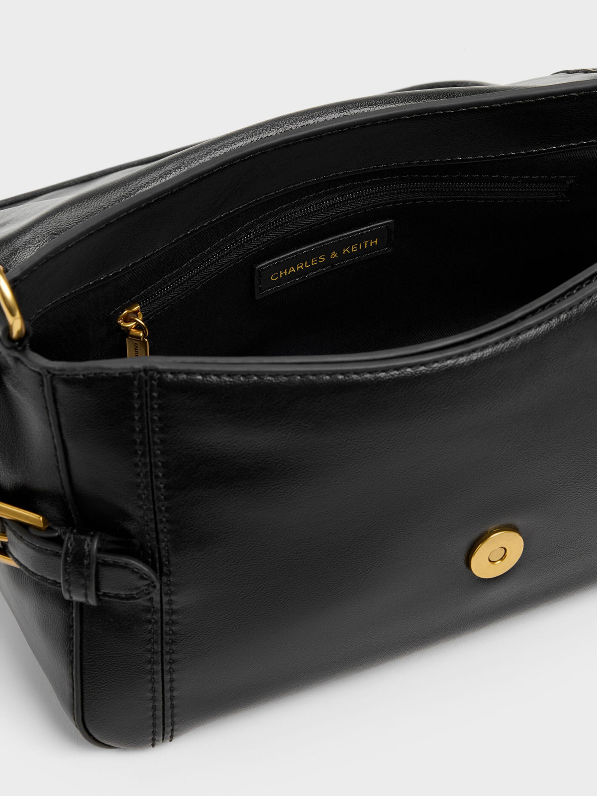 Gwynne Metallic-Buckle Belted Shoulder Bag - Black | CHARLES & KEITH