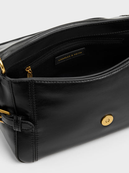 Gwynne Metallic-Buckle Belted Shoulder Bag - Black | CHARLES & KEITH