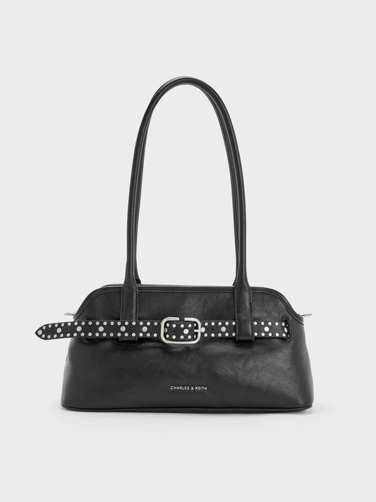 Victoria Studded Belted Shoulder Bag - Noir | CHARLES & KEITH