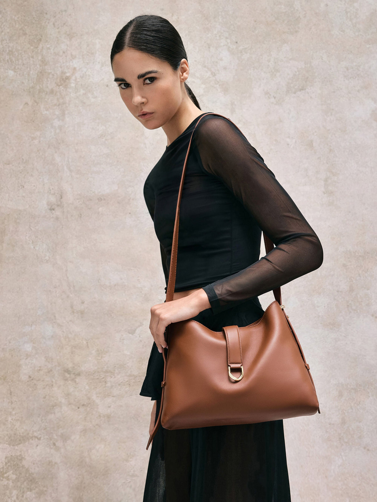Gabine Leather Belted Hobo Bag - Chocolate | CHARLES & KEITH