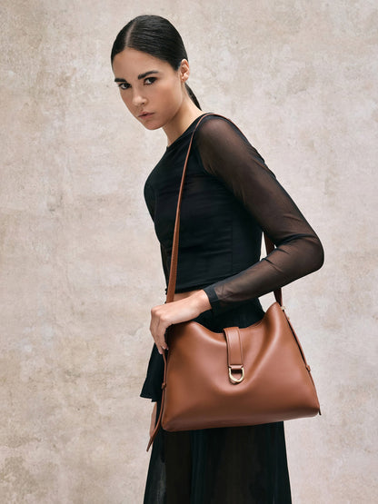 Gabine Leather Belted Hobo Bag - Chocolate | CHARLES & KEITH