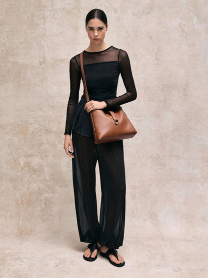 Gabine Leather Belted Hobo Bag - Chocolate | CHARLES & KEITH