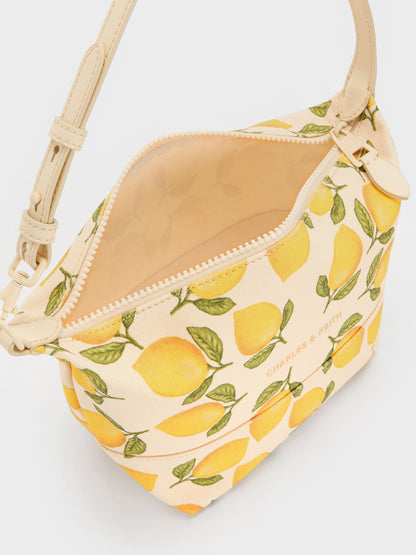 Amity Canvas Lemon-Print Hobo Bag - Butter Yellow | CHARLES & KEITH