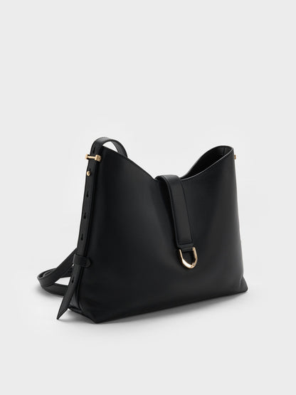 Gabine Leather Belted Hobo Bag - Black | CHARLES & KEITH
