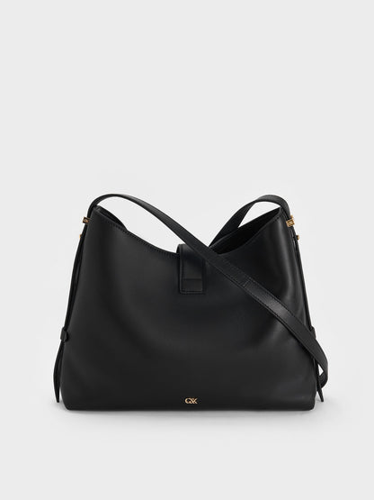 Gabine Leather Belted Hobo Bag - Black | CHARLES & KEITH