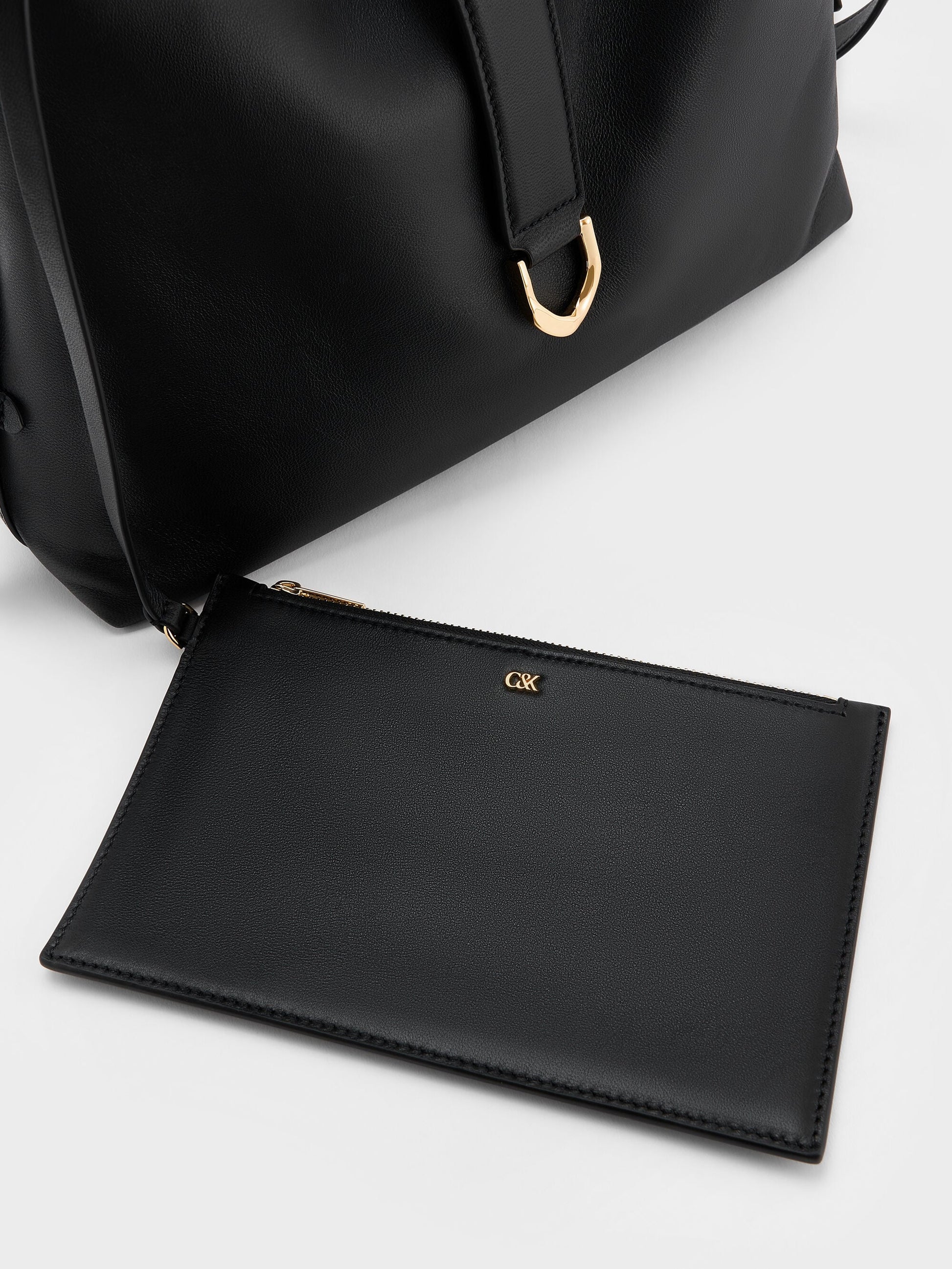 Gabine Leather Belted Hobo Bag - Black | CHARLES & KEITH