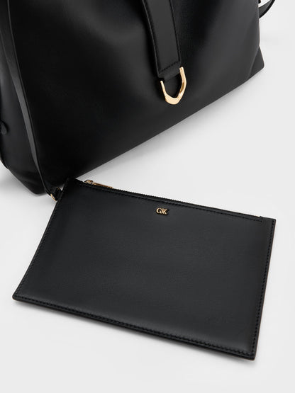 Gabine Leather Belted Hobo Bag - Black | CHARLES & KEITH