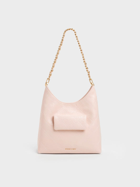 Duo Quilted Front-Pocket Chain Hobo Bag - Soft Pink | CHARLES & KEITH