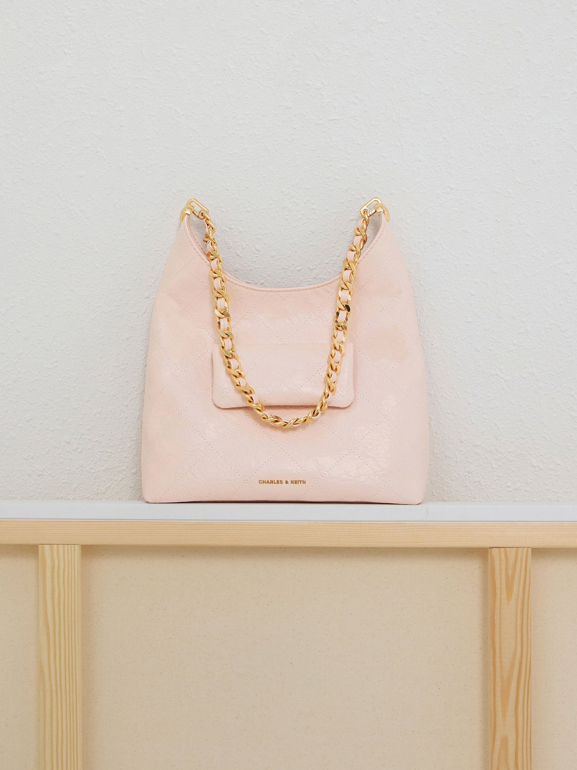 Duo Quilted Front-Pocket Chain Hobo Bag - Soft Pink | CHARLES & KEITH