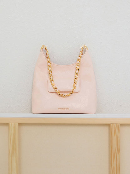 Duo Quilted Front-Pocket Chain Hobo Bag - Soft Pink | CHARLES & KEITH