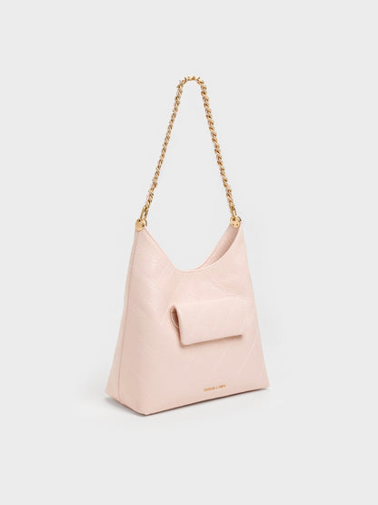 Duo Quilted Front-Pocket Chain Hobo Bag - Soft Pink | CHARLES & KEITH