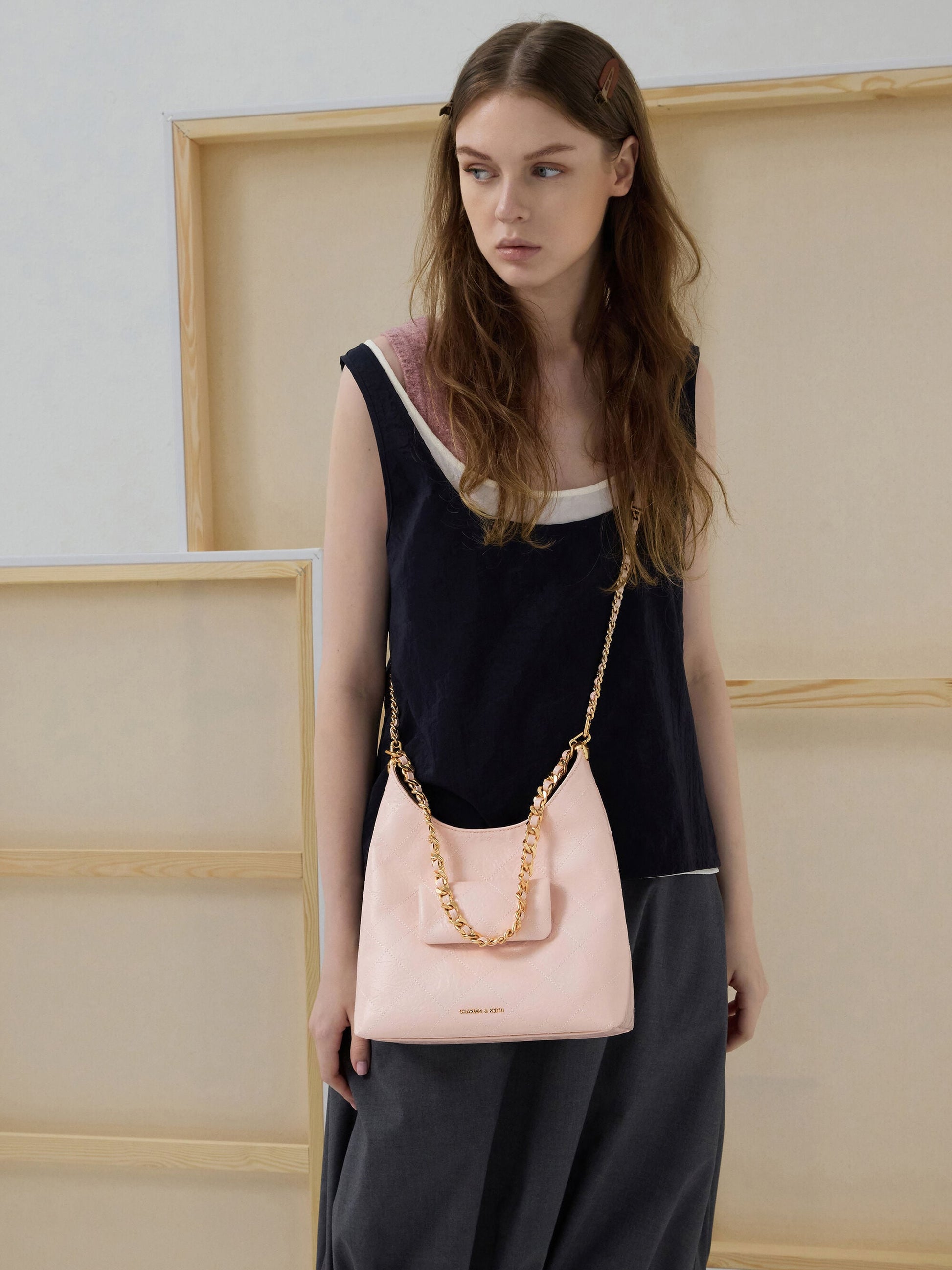 Duo Quilted Front-Pocket Chain Hobo Bag - Soft Pink | CHARLES & KEITH