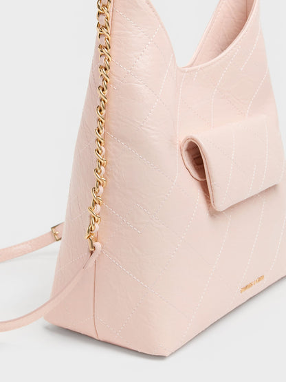 Duo Quilted Front-Pocket Chain Hobo Bag - Soft Pink | CHARLES & KEITH