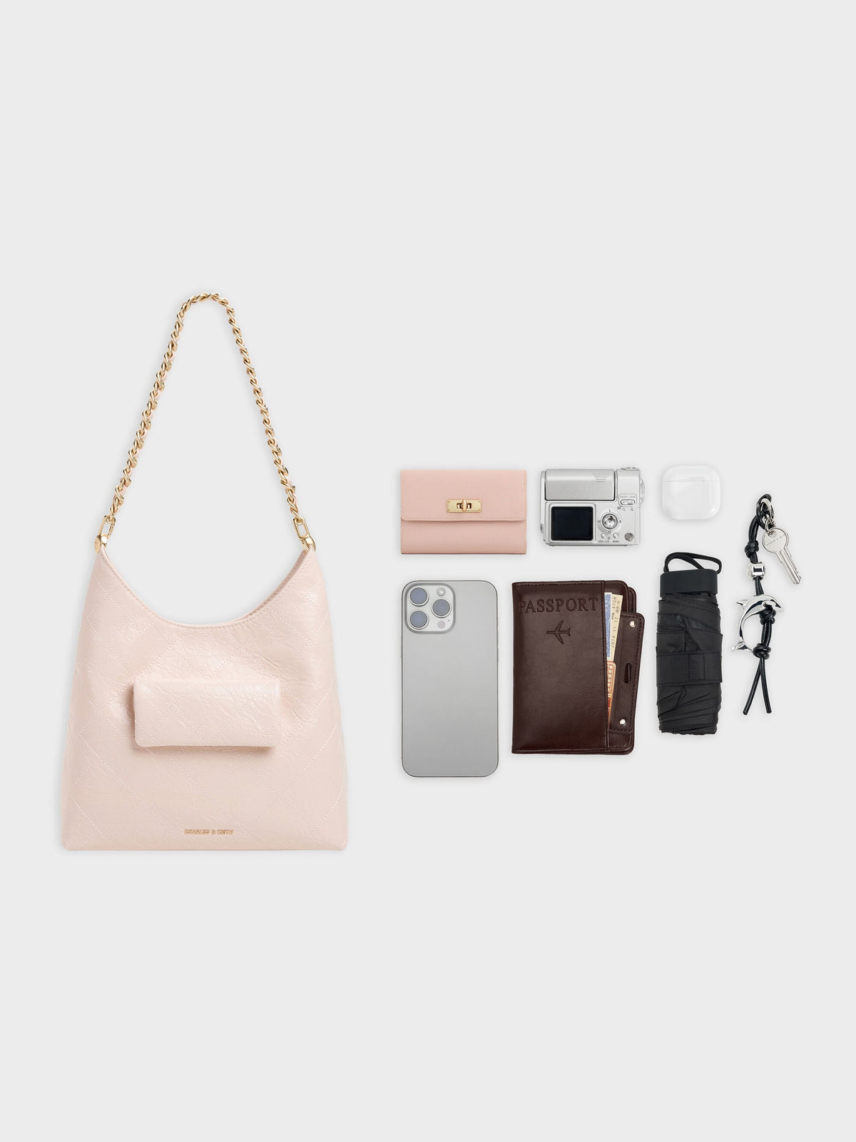 Duo Quilted Front-Pocket Chain Hobo Bag - Soft Pink | CHARLES & KEITH