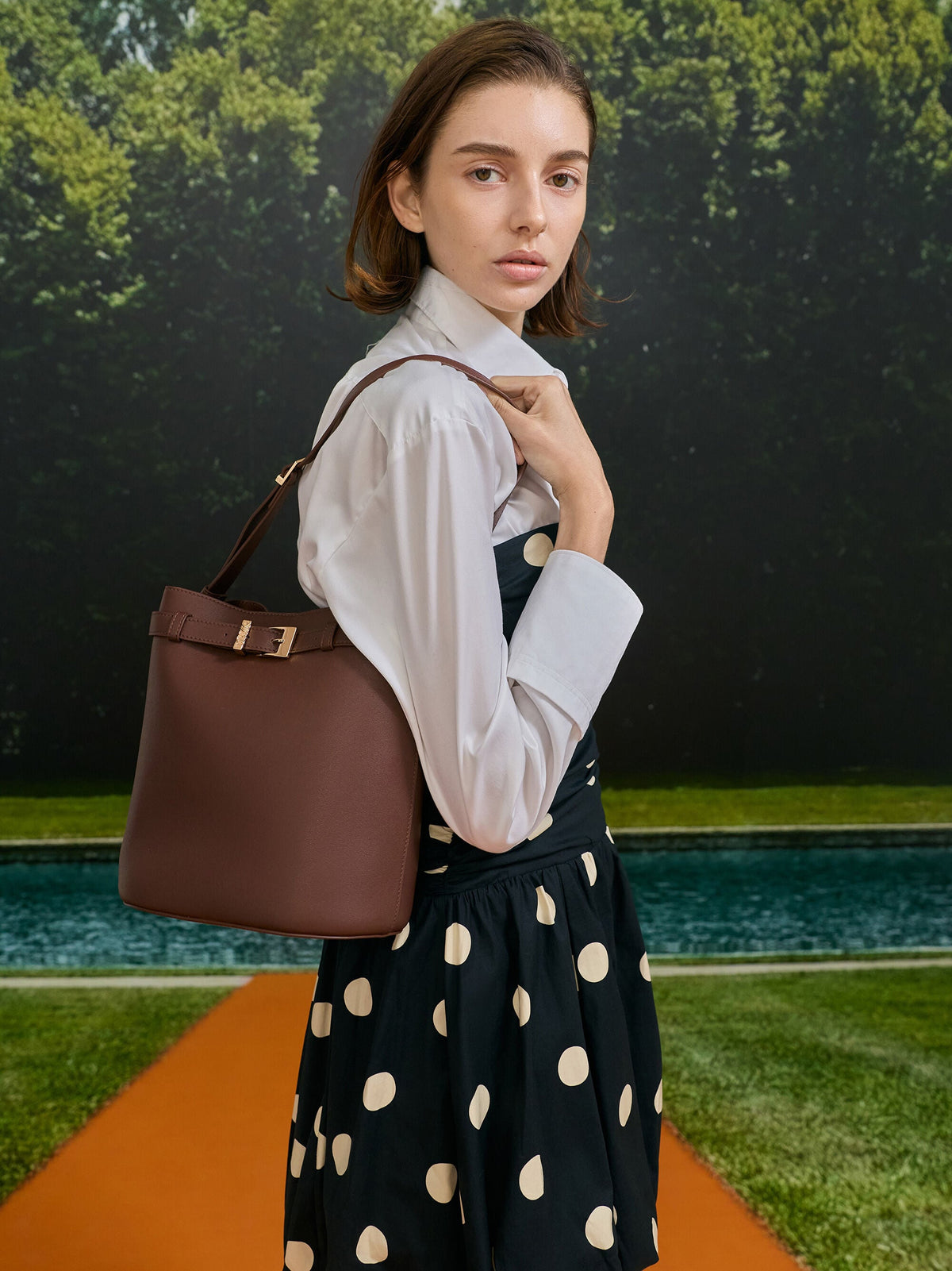 Jody Leather Belted Bucket Bag - Brown | CHARLES & KEITH